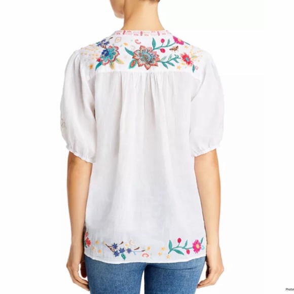 Johnny Was Olinda Floral Butterfly Embroidered Puff Sleeve Top Size L - Picture 2 of 9